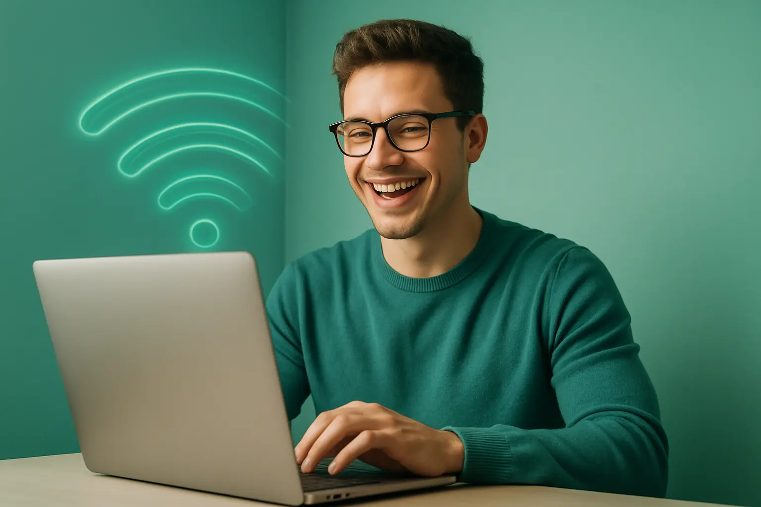 Pessoa feliz usando notebook